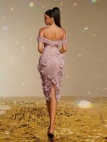 Smilprince 优雅粉色露肩中长连衣裙，3D 花卉贴花，串珠细节，正式鸡尾酒会礼服，女士晚礼服，中长派对礼服，女士正式和晚礼服 - 藕粉色 - 查看 2