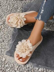Sandali platform con design a fiori per ragazze adolescenti, ciabatte da spiaggia antiscivolo con stampa, stile di moda vacanziero