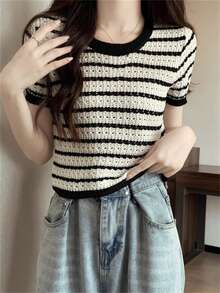 女士夏季时尚黑白条纹针织上衣，宽松女孩时尚短袖 - 黑與白 - 查看 10