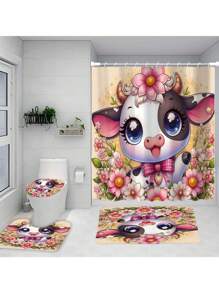 1/4pcs Cartoon Cow Print Bathroom Set, Includes Waterproof Shower Curtain, Non-Slip Mat, Toilet Lid Cover, Bath Mat And 12 Plastic Hooks, Bathroom Decor, Home Decor, Dorm Decor, Autumn, Villa Decoration Back To School