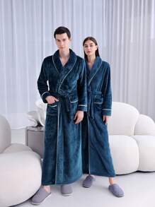 1pc Autumn/Winter Extended Thick Flannel Bathrobe, Elegant Adult Flannel Bathrobe, Summer,Holiday Home Bathroom Decor