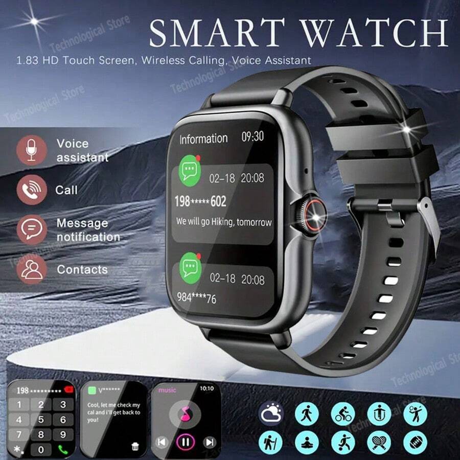 Reloj inteligente con pantalla táctil de 1.83" para hombre y mujer: llamadas inalámbricas, alertas de mensajes, recargable por USB, modos multideportivos, control remoto de cámara y música, podómetro, compatible con Android y iPhone, regalo ideal para la familia. Reloj inteligente para teléfonos Android.