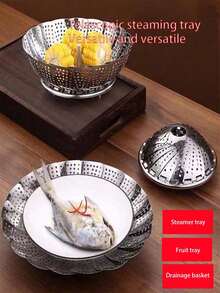 1 件可调节优质不锈钢蒸架，多功能折叠水果篮，包子和点心蒸笼托盘，3 种尺寸（小、中、大） - 銀色 - 查看 3