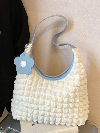 1pc 2025 Spring/Summer Solid Color Pleated Shoulder Bag, Suitable For Beach Vacation