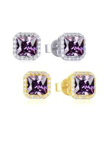 1 Pair 925 Sterling Silver Purple Amethyst Cubic Zirconia Square Stud Earrings For Women, Fine Jewelry Wedding Bridal Party Accessories, Holiday Gift