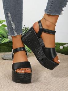 Sandalias de cuña con suela gruesa y estilo de moda para mujer de talla grande, con correa ajustable, Top cómoda, punta abierta, adecuadas para uso diario, vacaciones, fiestas, combinan bien con faldas y pantalones - Negro - Ver 6