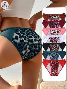 7 PCS Women's Leopard Ice Silk Triangle Panties Low Waist Seamless Briefs Sexy Hollow Out Comfortable Lingerie Underwear - 彩色 - 查看 1