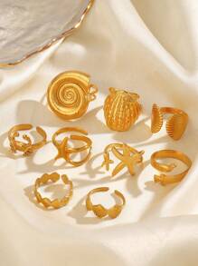 1pc Stainless Steel Fashion Ocean Element Spiral Shell & Starfish Ring, Suitable For Women Beach Holiday Travel Wear