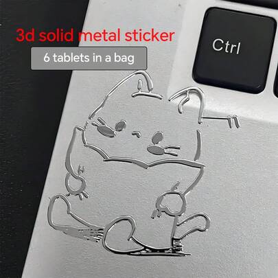 6张可爱猫咪3D金属贴纸，卡通动物贴纸，适用于手机/平板电脑/笔记本电脑/耳机，自粘式笔记本电脑保护贴纸，通用设备装饰配件，金属手机贴纸，金属手机贴，圣诞礼物，猫咪周边，趣味礼物，送给女朋友的合适礼物：电脑配件，手机配件