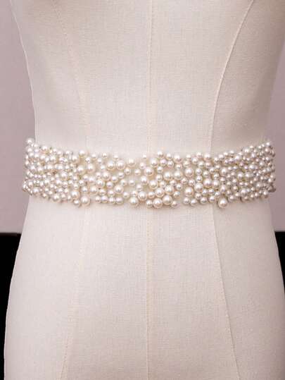 1pc Bridal Faux Pearl Beaded Waistband, Fashion Thin Gauze Tie-Up Wedding Dress Belt, Also Can Be Used As Headpiece For Party Dress Accessories Valentine's Day Accessories