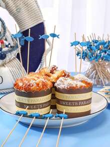 1 Juego/25 piezas Pinchos de cóctel de bambú natural hechos a mano, pinchos para aperitivos para cócteles, aperitivos, frutas, postres - Diseño de pez azul