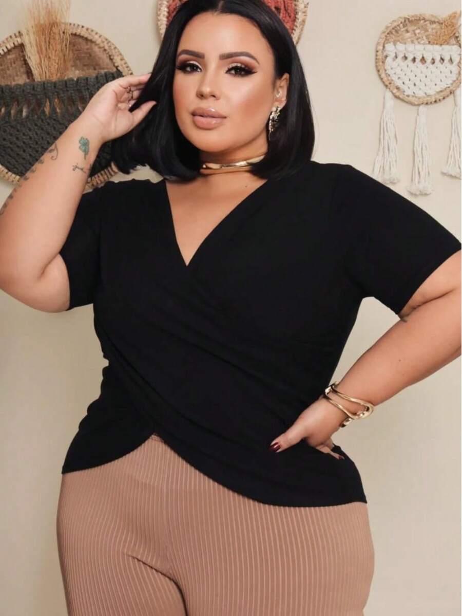 Women's Plus-Size Wrap Blouse - Black - View 1