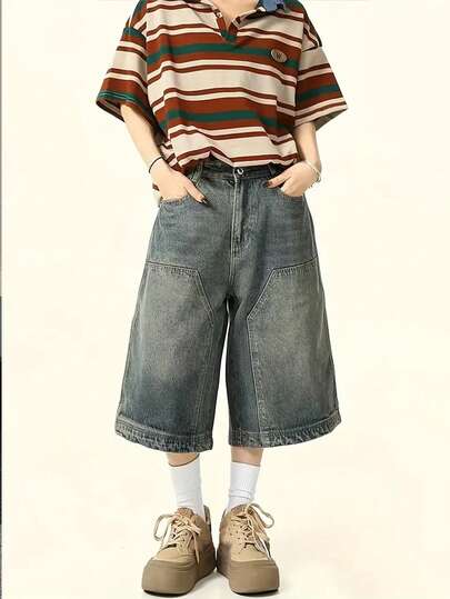 Quần short denim ống rộng rộng rãi độc đáo, đa năng thời trang nam mùa hè