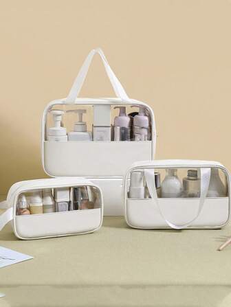 3pcs/Set PVC Waterproof Travel Makeup Bag, Makeup Brush Organizer Bag, Cosmetic Storage Bag, Toiletry Bag, Summer Holiday Necessity, Perfume Storage Box, Semi-Transparent Cosmetic Bag, Beach Bag, Multi-Function Luggage Bag, Data Bag, Handbag, Lingerie Bag, Suitable For Lip Gloss, Lipstick For Comb, Nail Polish, Manicure, Jewelry, Perfume, Stationery, Digital Products Storage Beach Essentials Back To School