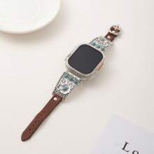 1pc Retro Turquoise Leather Metal Watch Strap Compatible With Apple Watch Strap Series Ultra 2 SE 10 9 8 7 6 5 4 3 2 1 Silver Floral Bracelet Watch Band Compatible With Apple Watch Band 38mm 40mm 41mm 42mm 44mm 45mm 46mm 49mm