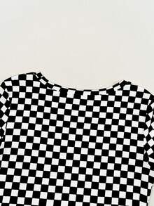 Acelitt 夏季撞色棋盘格印花罗纹修身圆领短袖 T 恤