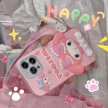 Sanrio Custodia protettiva in silicone 3D, compatibile con Apple 16/15, con motivi cartoni animati carini rosa e Melody della linea Sanrio, per la piena copertura del telefono