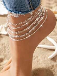 Sanrio 5 Pcs Set Of Simple Silver Multi-Layer Ankle Chains, Elegant Ankle Chains, Women's Charming Beach Party Ankle Chain Set