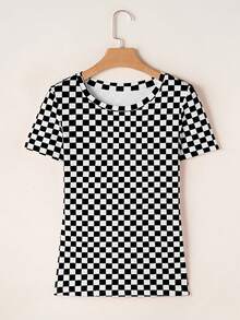 Acelitt 夏季撞色棋盘格印花罗纹修身圆领短袖 T 恤