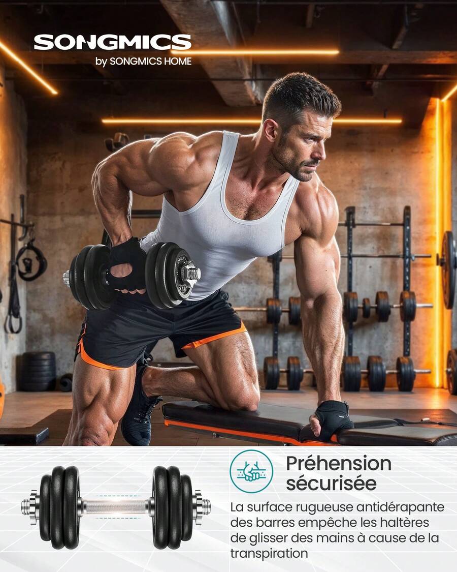 SONGMICS Kit haltères Musculation, avec Barre d'Extension, Poids Ajustable,pour Hommes et Femmes, Musculation, Prise de Masse à la Maison, 1 Paire - Noir D'encre - Voir 1