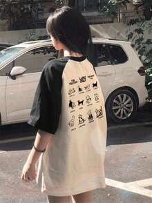 全新夏季女式休闲宽松可爱猫狗印花拼布 T 恤 - 白色 - 查看 5