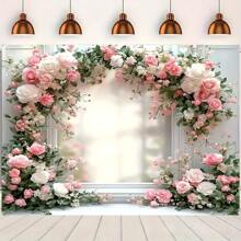 1 Piece, Giant Spring Themed Flower And Green Plant Design Party Banner, Polyester, No Power Required, With Holes, Very Suitable For Living Room, Bedroom, Office, Home Background
