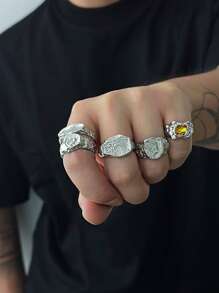 5pcs Fashionable Punk Liquid Geometric Metal Rings With Crystal Rhinestones, Adjustable Knuckle Rings