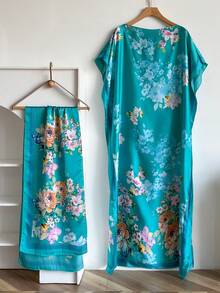 1套热销！加大码女士长款披肩套装 - 现已发售！仿丝印花披肩围巾套装，完美适用于海滩度假、防晒、叠穿和日常穿着！可搭配连衣裙 - 彩色 - 查看 3