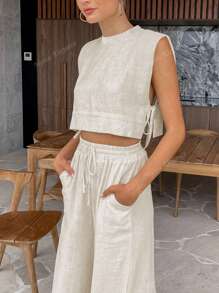Women's Casual Fashion Solid Color Imitation Linen Material Versatile Round Neck Tie Short Top And Loose Wide-Leg Pants Two Pieces Set