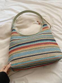 1pc Letter Print Colorful Striped Crescent-Shaped Tote Bag, Versatile Casual Beach Shoulder Bag Suitable For Women, Holiday & Beach Use
