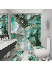 1/4 Pcs Blue & Green Marble Pattern Bathroom Set, Waterproof Shower Curtain With 12 Hooks, U-Shaped Rug, Toilet Lid Cover, L-Shaped Mat, Beautiful Bathroom Decor Accessories Fall Decor Bathroom Accessories Back To School