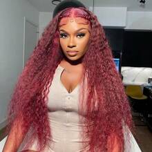 Burgundy Curly 13x4 Hd Lace Frontal Wig Human Hair Brazilian 13x4 Water Deep Wave 99J Red Colored Wig For Women 30 34Inch - S99J - 查看 4