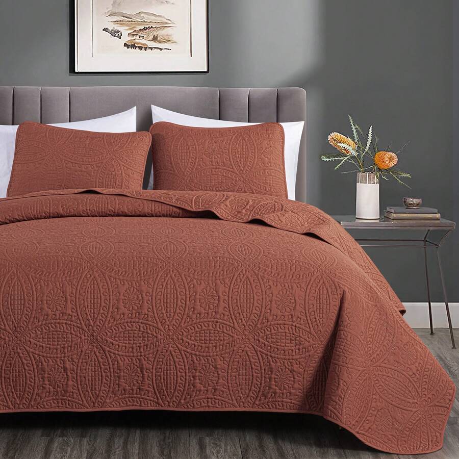 Austin Oversized Bedspread Set 3-Piece Ultrasonic Quilted Soft Lightweight Microfiber Coverlet For All Season - 紅陶 - 查看 1