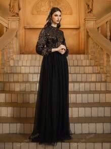 Black Sequin High Neck Puff Sleeves Mesh Skirt Prom Dress, Modest