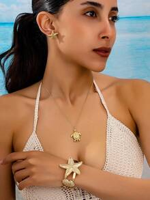 1 Set Shell, Starfish, Sea Turtle & Marine Life Metal Bracelet, Sea Turtle Pendant Necklace, Starfish Earrings Jewelry Set, Bohemian Beach Vacation Style, Suitable For Everyday Wear - Yellow Gold - View 6