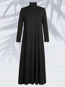 Women's Long-Sleeved Turtleneck Dress Solid Color Casual Swing Dress T-Shirt Dress (With Pockets)