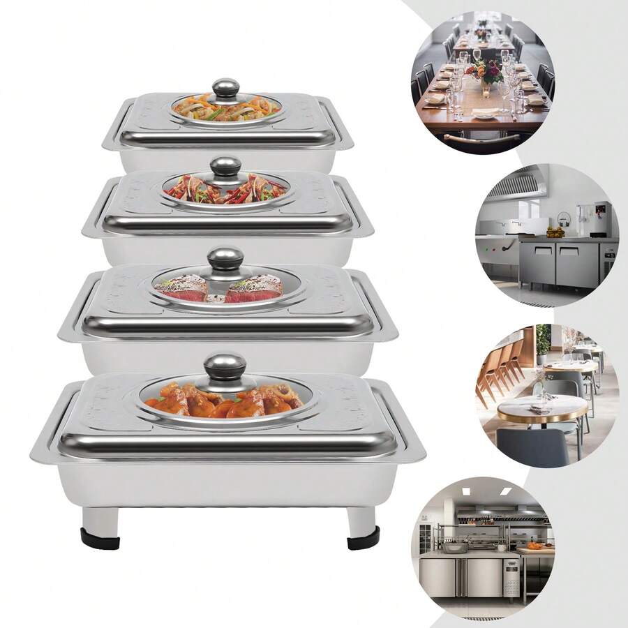 SENDERPICK 4 Pcs Chafer Pan Buffet Tray With Lid Chafing Trays Rectangular Chafing Dish - Silver - View 1