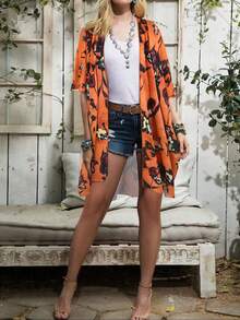 Orange Floral Print Open Front Kimono Cardigan - Bohemian Style Casual Beach Cover-Up