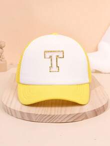1PC Yellow Mesh Boys And Girls 26 Letter Trucker Hat For Outdoor Fun And Play Sun Protection For Boys And Girls Back To School Daily Wear, Holiday Gift - Yellow - View 18