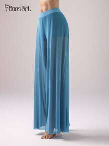 DonsGirl Damski krótki top z golfem i ultramiękkie, elastyczne, siateczkowe spodnie z szerokimi nogawkami – uniwersalny, elegancki, niebieski strój do jogi powietrznej, współczesny/klasyczny kostium do tańca baletowego