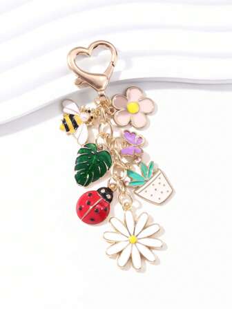 1pc Creative Cartoon Cute Bee, Butterfly, Flower, Heart Shaped Keychain, Rural Style Plant Pot, Ladybug Alloy Accessory School