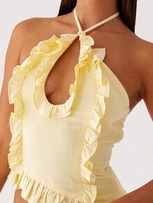 Women Y2K Ruffled Halter Top, Tie-Up Sleeveless Crop Tops Backless CamiSole Summer Cami Tops For Club Party Streetwear Aesthetic Tops - Màu vàng - Xem 2