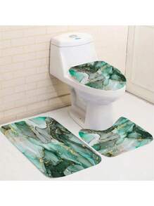 1/4 Pcs Blue & Green Marble Pattern Bathroom Set, Waterproof Shower Curtain With 12 Hooks, U-Shaped Rug, Toilet Lid Cover, L-Shaped Mat, Beautiful Bathroom Decor Accessories Fall Decor Bathroom Accessories Back To School