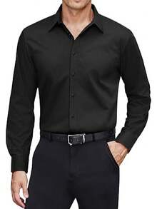 Mens Elegant Shirt Long Sleeve Dress Solid Color Button Shirt For Formal Office Wear With Shirt Collar Men's Clothing Wedding Suit Fashion Casual Business Commuting Men Shirts - 黑色 - 查看 1