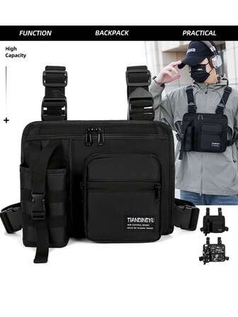 TIANDINGYU Bolso de pecho con múltiples bolsillos de moda, bolso de pecho multifuncional para hombres, puede sostener botella de agua, teléfono, llaves, bolsa de pecho para deportes al aire libre, chaleco táctico, portátil y antideslizante