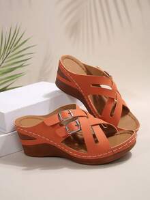 Plus Size Elegant Wedge Sandals Women, Criss-Cross Strap Buckle Casual Holiday Outdoor Roman Sandals, Fashionable, Comfortable, Graceful, Casual, Beach, Wedge, Platform Sandals - 橘色 - 查看 4