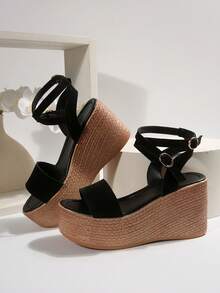 Women's 2025 Spring/Summer New Platform Wedge Sandals, Waterproof Woven Design High Heel Casual Vacation Beach Sandals, Dress-Up Fashionable Slides - 黑色 - 查看 6