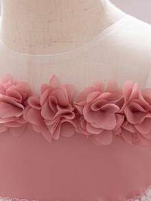 Baby Girls 3D Floral Mesh Bow Cute Party Dress Suitable For 1st Birthday Flower Girl Without Headband - Dusty Pink - View 7