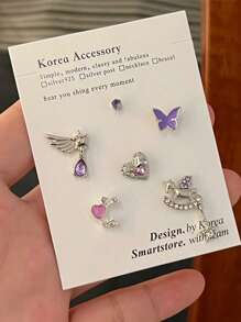 6pcs/Set Stylish Purple Geometric Unicorn, Starry Diamond, Heart & Moon Stud Earrings Set
