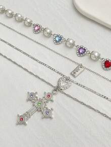 4pcs Elegant And Fashionable Colorful Rhinestone Inlaid Heart And Cross Pendant Multi-Layer Necklace, Suitable For Women's Daily And Holiday Wear, Gift For Elders And Friends